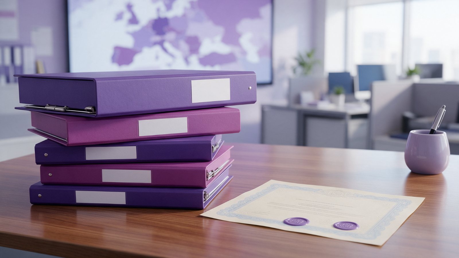 Regulatory dossier binders and a certificate in a pharmaceutical office
