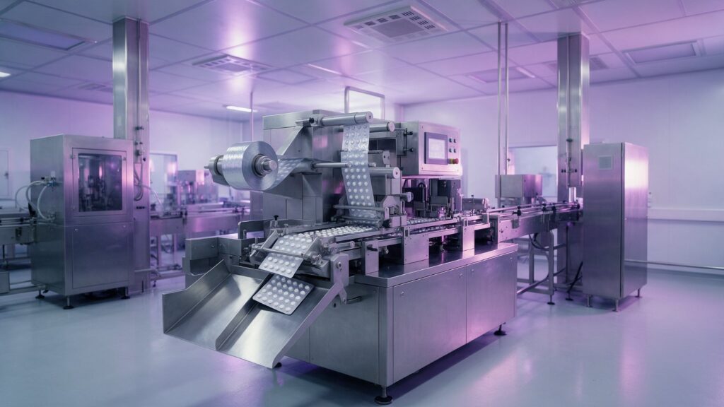 Blister packaging machine on a pharmaceutical production line in a cleanroom