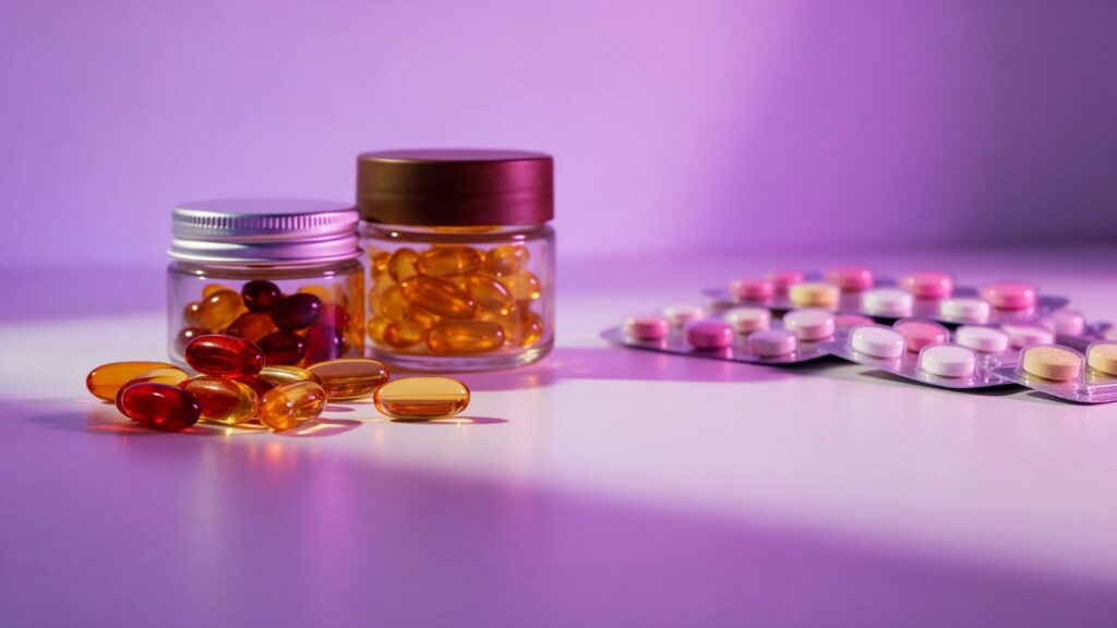 Softgel capsules and supplement jars next to blister packs of pharmaceutical tablets