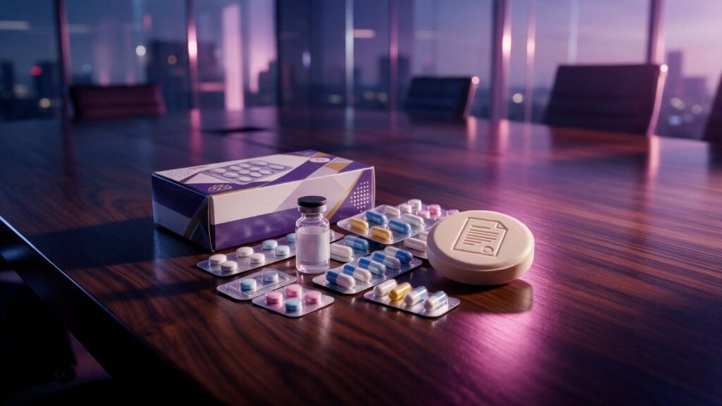 Pharmaceutical blister packs and contract documents on a boardroom table