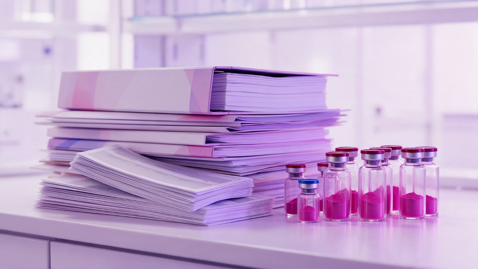 Regulatory dossiers and sealed vials of active pharmaceutical ingredient on a laboratory bench