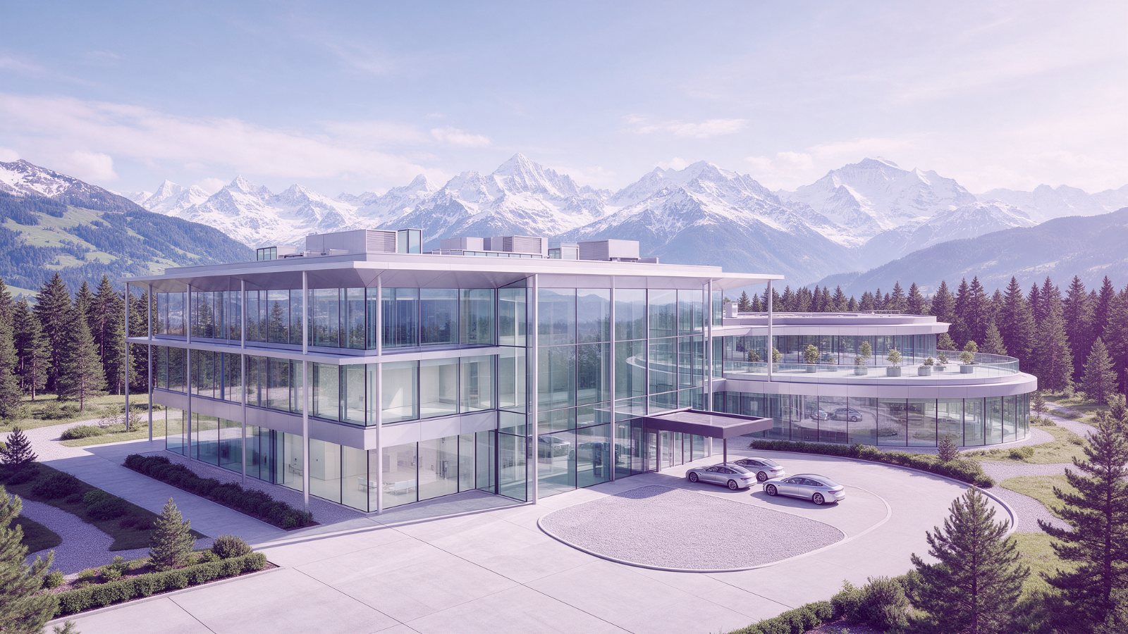 Sourcing pharmaceutical products through Switzerland Modern Swiss pharmaceutical facility with alpine mountains in the background